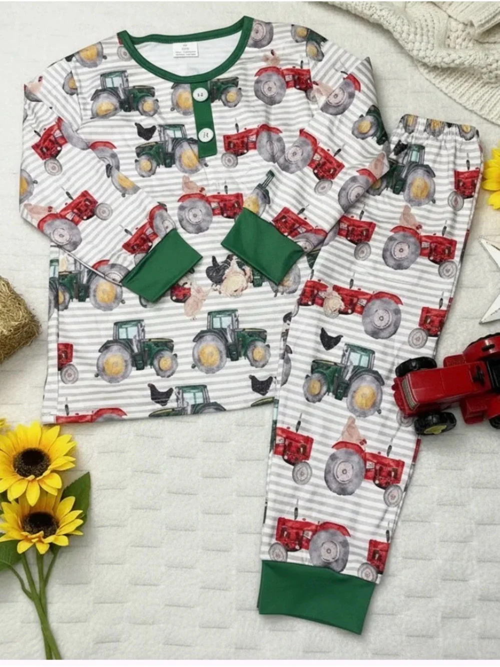 Kids Tractor Print Pajama Set - Green Trim
